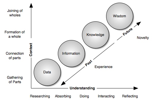 A curve descending from 'Data' through 'Information / Knowledge / Wisdom' to 'Action', with the right portion shaded as 'The Tacit Area'.